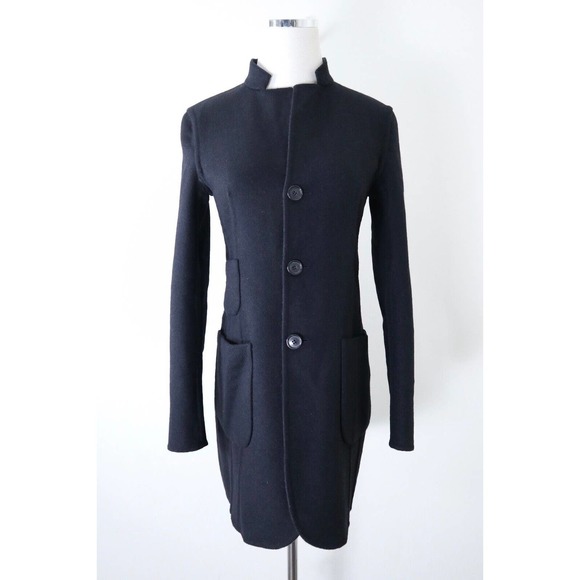 Akris US 4 Double Faced Wool Reversible Longline Jacket Navy Plaid Black - Picture 9 of 16